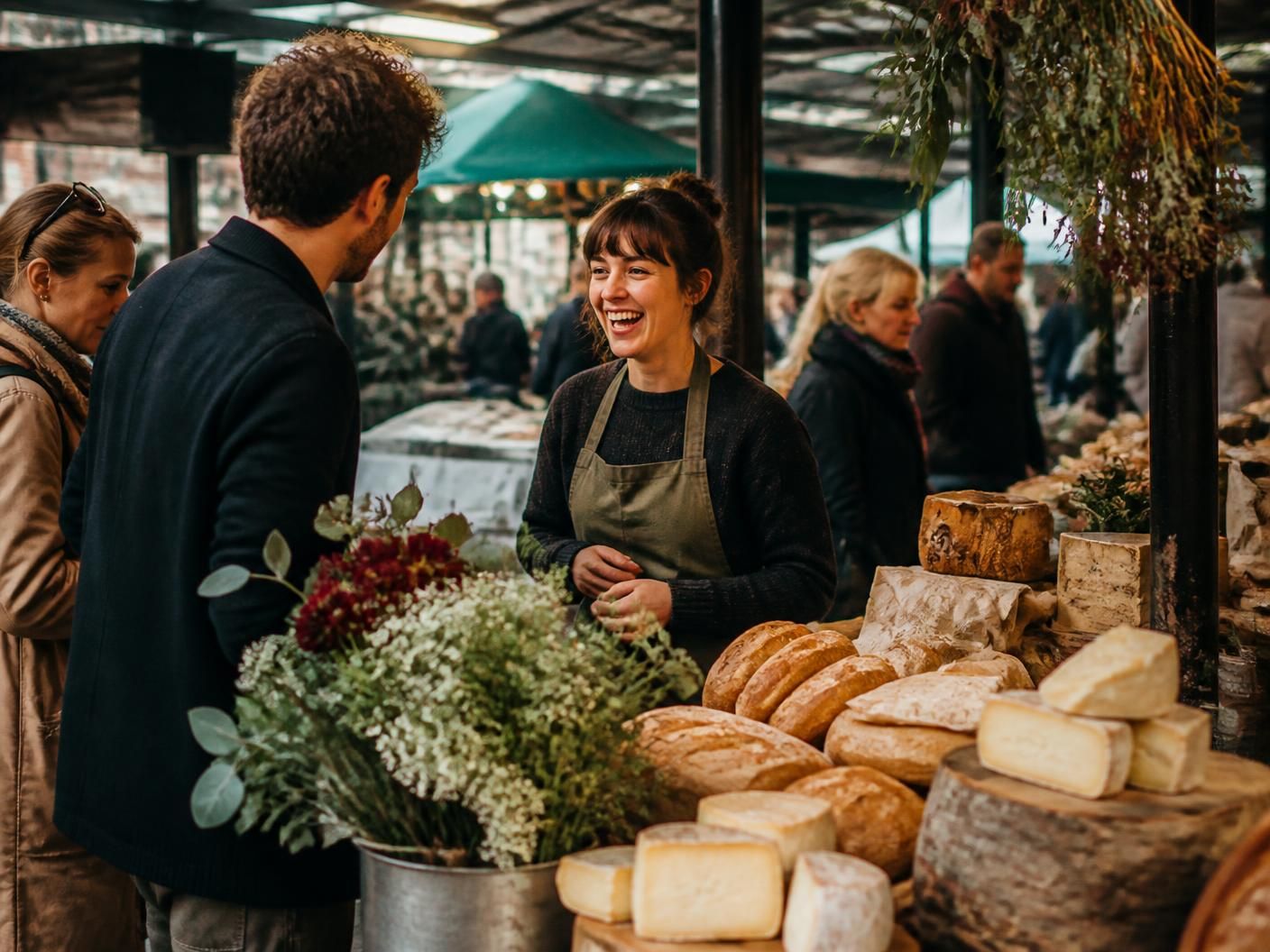 A London market stall, bread and cheese, stallholder mid-conversation