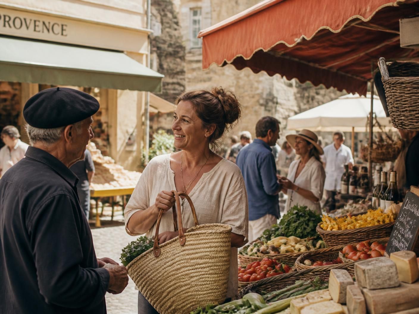A French market stall of produce, cheese and flowers