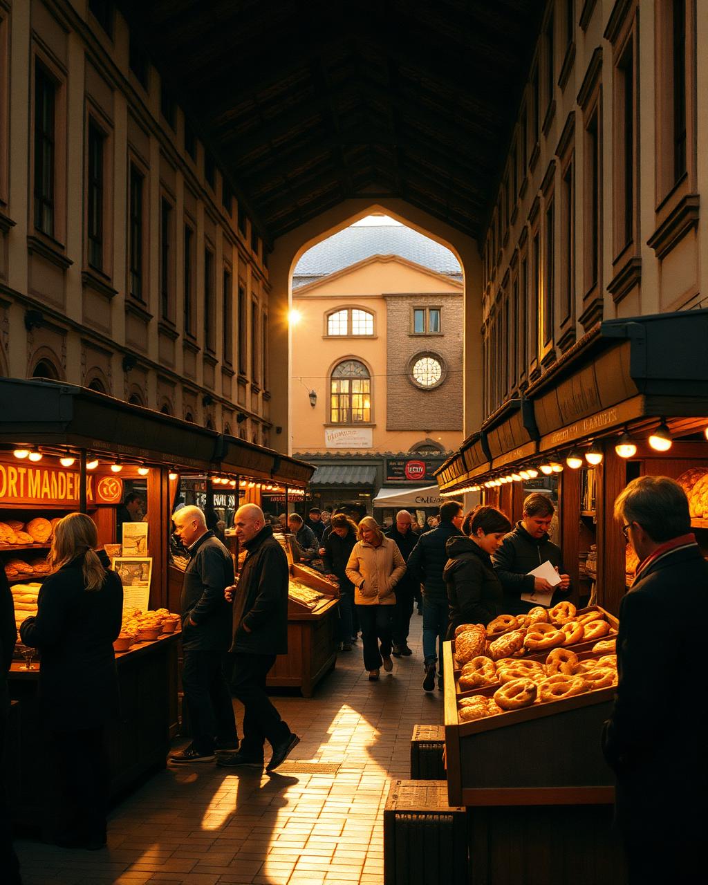 A covered German market hall at golden hour, with bread stalls and shoppers